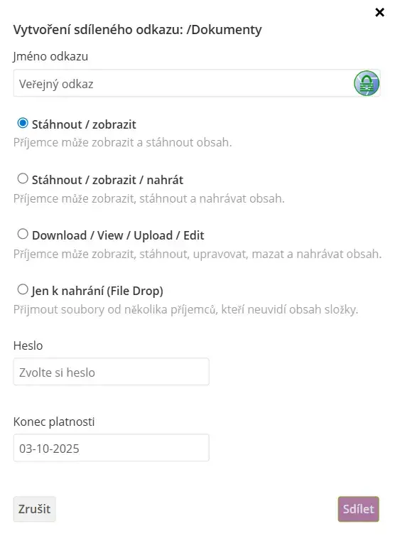 Vytvoření sdíleného odkazu